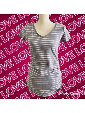 Motherhood Maternity Gray & White Striped V-Beck Cozy Soft Tee Shirt XS
